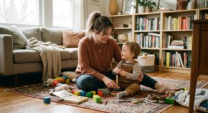 A warm, professional editorial photograph of a relatable, cozy home scene where an overwhelmed but s