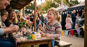 A warm, candid shot of a joyful child participating in a vibrant community village fair, captured in