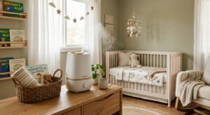 A professional, editorial-style photograph of a modern, minimalist cool-mist humidifier sitting on a