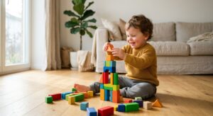 A high-quality, editorial-style photograph of a happy toddler creatively building with colorful wood