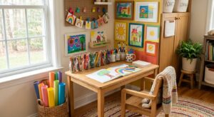 A bright, organized, and stylish children’s art corner featuring a small wooden desk with colorful s