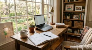 A professional, editorial-style photograph of a peaceful, organized home workspace with a warm cup o