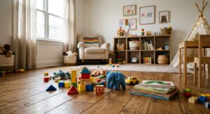 A high-quality, editorial-style photograph of a cozy children's playroom with a scattering of colorf