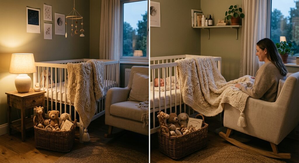 A serene shot of a nursery corner at dusk, featuring a soft knitted blanket, a wicker basket of toys