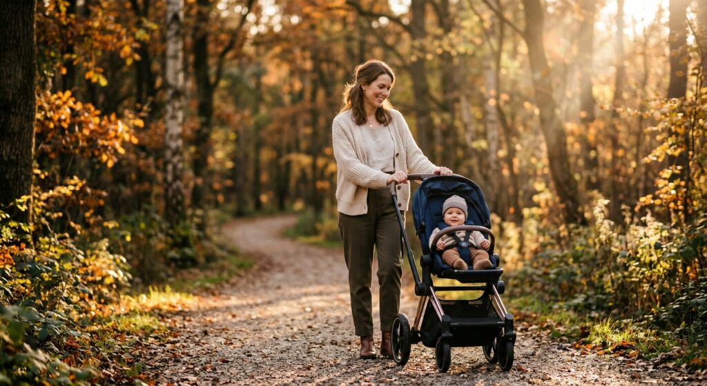 An outdoor lifestyle scene of a stylish mother pushing a premium stroller through a park during gold
