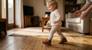 A high-quality, editorial-style close-up of a toddler taking their first steps on a soft wooden floo