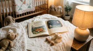 A warm, cozy aesthetic flat-lay featuring an open children’s storybook, a soft knitted blanket, and