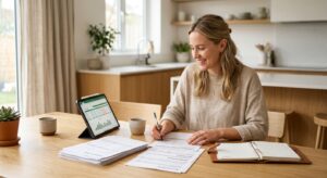 A professional, high-quality editorial shot of a young mother smiling while organizing financial doc