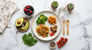 An aesthetically pleasing flat lay of a healthy, colorful toddler meal on a ceramic plate, surrounde