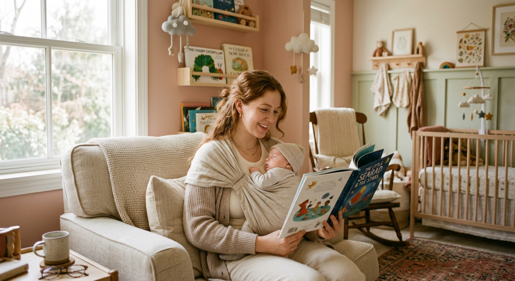 A cozy, artistic portrait of a mother holding her baby in a linen wrap while reading a storybook, se