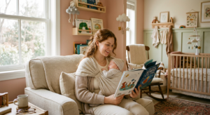 A cozy, artistic portrait of a mother holding her baby in a linen wrap while reading a storybook, se