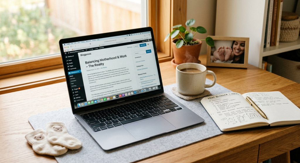 A clean, minimalist workspace shot showing a laptop, a notebook, and a steaming cup of coffee on a d