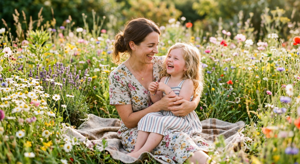 A heartwarming, professional portrait of a mother and her child sitting in a wildflower garden, focu