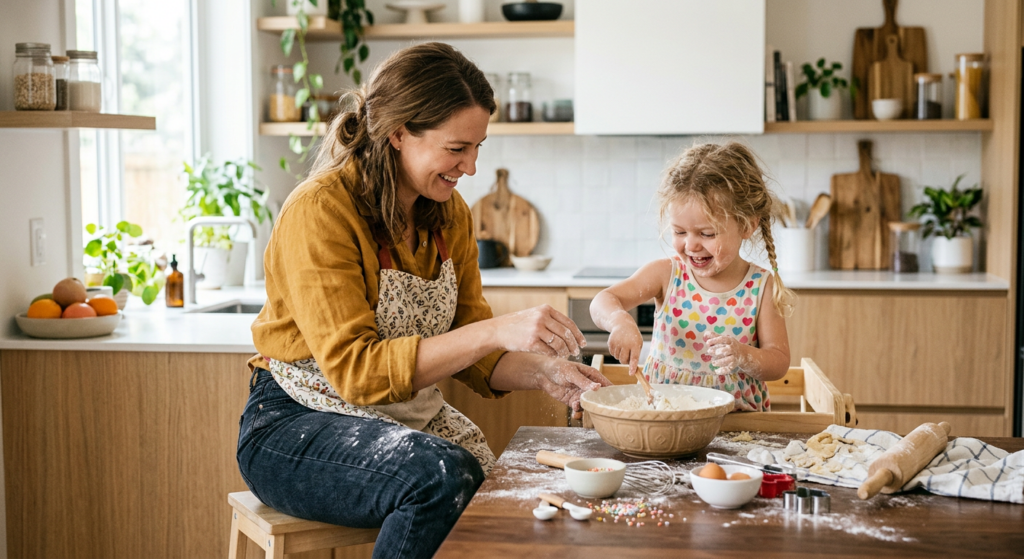 A high-quality lifestyle photograph of a mother and toddler baking together in a bright, modern kitc