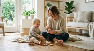 A warm, candid shot of a smiling young mother with soft-focused hair, sitting on a wooden floor in a