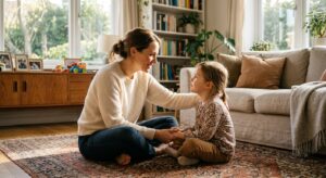 A warm, high-quality editorial shot of a mother sitting gently at eye level with her young child, cr