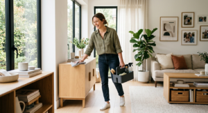 A high-quality, editorial-style photograph of a smiling, organized mom happily cleaning a modern, su
