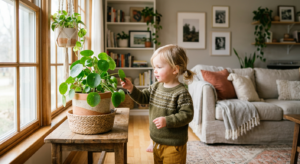A bright, editorial-style photograph of a curious toddler gently touching a lush, non-toxic housepla