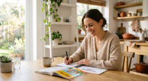 A professional, warm editorial-style shot of a young mother sitting at a bright, minimalist kitchen