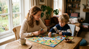 A high-quality, editorial-style photograph of a mother and her young child thoughtfully playing a co