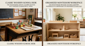 A high-quality, editorial-style split composition comparing a classic wooden school desk with colorf