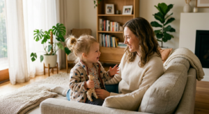 A warm, professional editorial photograph of a mother and her young toddler smiling and engaging in