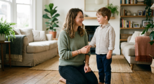A warm, editorial-style photograph of a gentle mother smiling while calmly holding her child's hand,