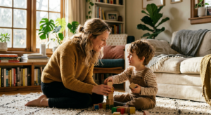 A warm, editorial-style photograph of a mother gently smiling at her young child in a sunlit, cozy l