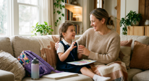 A warm, editorial-style photograph of a smiling mother sitting comfortably on a sofa and engaging in