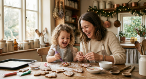 A heartwarming, editorial-style photograph of a young mother and her child laughing together while d
