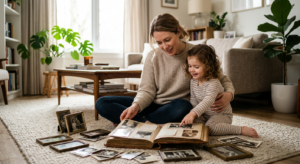 A heartwarming, professional editorial shot of a mother sitting on a cozy rug and telling stories to