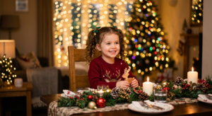 A high-quality, editorial-style photograph of a cheerful preschooler sitting nicely at a beautifully