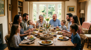 A warm, professional editorial shot of a multi-generational family sharing a beautifully set Sunday