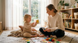 A professional, editorial-style photograph of a warm, sunlit play area featuring a toddler and a mot