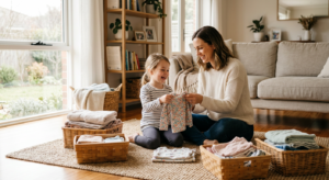 A warm, high-quality editorial photograph of a young child and a mother happily folding laundry toge