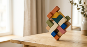 A professional, minimalist editorial composition featuring a colorful wooden puzzle balanced precari