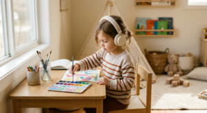 A serene, high-quality editorial photograph of a young child wearing soft headphones, engaged in a c