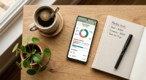 A professional, flat-lay editorial photo of a smartphone displaying a sleek budget tracking app, arr