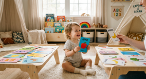 A professional, editorial-style photograph of a curious toddler happily interacting with colorful En