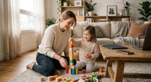 A high-quality, editorial-style lifestyle photograph of a cozy, modern living room where a mother an