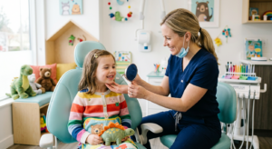 A professional, editorial-style photograph of a kind female dentist gently showing a smiling young c