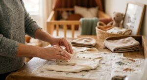 A close-up, high-detail professional shot of a mother’s hands carefully folding tiny, organic cotton