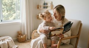 A cozy, editorial-style photograph of a young mother reading an open storybook to her toddler in a s