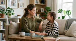 A high-quality, editorial-style photograph of a young, stylish mother sitting on a couch in a cozy,