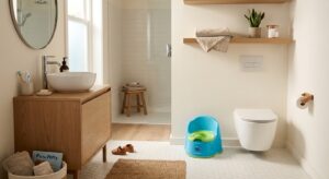 A professional, editorial-style photograph of a modern, minimalist bathroom with a colorful toddler
