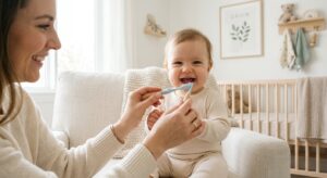 A clean, professional editorial photograph of a happy baby with a parent’s gentle hand holding a sof