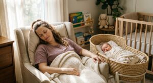 A professional, editorial-style photograph capturing a gentle moment of a mother resting peacefully